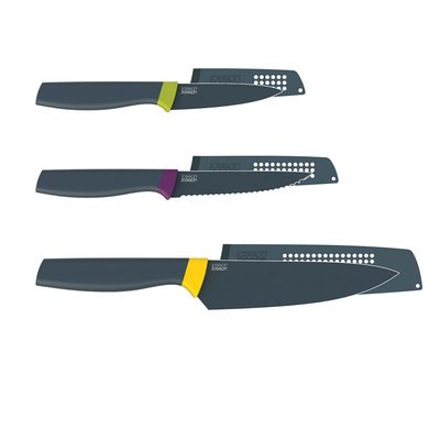 Conjunto de Facas Elevate Faca Legumes 3 1/2 Pol Faca Serrilhada 4 1/2 Pol e Faca do Chef 6 Pol Preta Joseph Joseph
