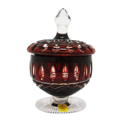 Bomboniere com Pedestal e Tampa Lapidação Overlay Vermelha Strauss