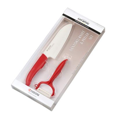 Conjunto Faca e Descascador 14 cm Vermelho Lamina Cerâmica Branca Kyocera