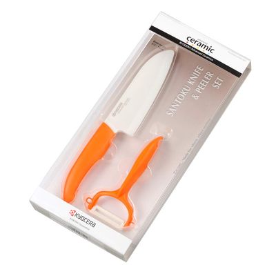 Conjunto Faca e Descascador 14 cm Laranja Lamina Cerâmica Branca Kyocera