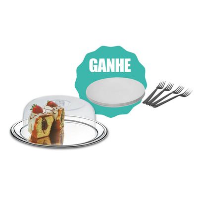 Conjunto Prato para Bolo com Cúpula Petúnia 2 Peças Grátis 4 Pratos e 4 Garfos Brinox