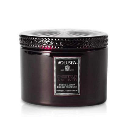Vela Chestnut e Vetiver Coleção Vermeil Pote Grande e Tampa Vidro 150 Horas Voluspa