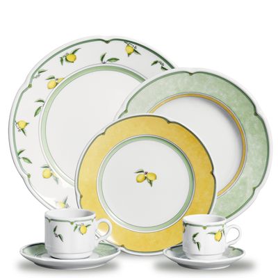 Aparelho de Jantar Provenza Lemon Porcelana 42 Peças Branco, Verde e Amarelo Verbano