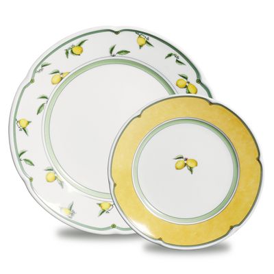 Conjunto de Pratos Raso e Sobremesa Provenza Lemon Porcelana 12 Peças Branco Branco, Verde e Amarelo Verbano