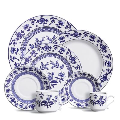 Aparelho de Jantar Maria Flor de Cobalto Porcelana 42 Peças Branco e Azul Escuro Verbano