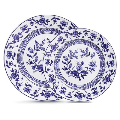 Conjunto de Pratos Raso e Sobremesa Maria Flor de Cobalto Porcelana 12 Peças Branco e Azul Escuro Verbano