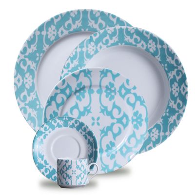 Aparelho de Jantar Maria Aragon Turquesa Porcelana 30 Peças Branco e Azul Turquesa Verbano