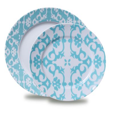 Conjunto de Pratos Raso e Sobremesa Maria Aragon Turquesa Porcelana 12 Peças Branco e Azul Turquesa Verbano