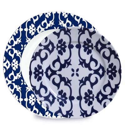Conjunto de Pratos Raso e Sobremesa Maria Aragon Blue Porcelana 12 Peças Branco e Azul Verbano