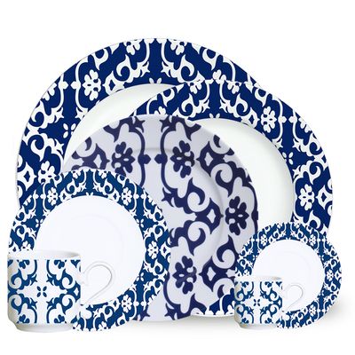 Aparelho de Jantar Maria Aragon Blue Porcelana 42 Peças Branco e Azul Verbano