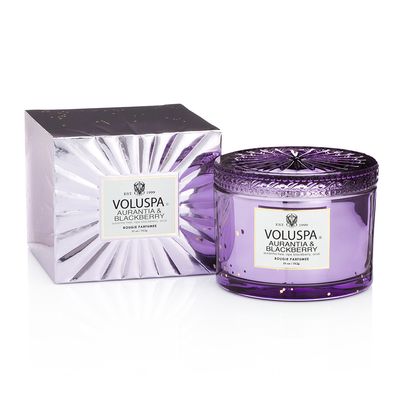 Vela Aurantia e Blackberry Coleção New Vermeil Pote e Tampa Vidro 60 Horas Voluspa