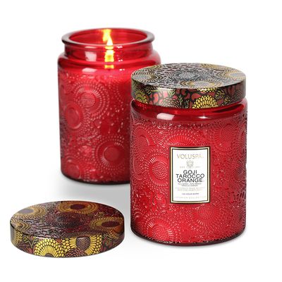 Vela Goji Tarocco Orange Coleção Japonica Pote de Vidro Relevo e Tampa 100 Horas Voluspa