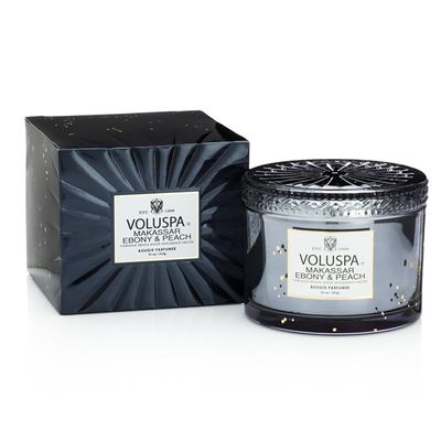 Vela Makassar Ebony e Peach Coleção New Vermeil Pote e Tampa Vidro 60 Horas Voluspa