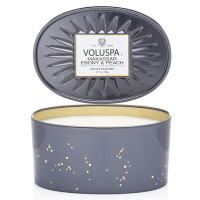 Vela Makassar Ebony e Peach Coleção New Vermeil Oval 2 Pavios Lata 50 Horas Voluspa