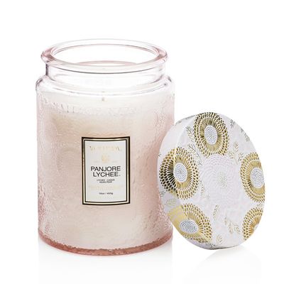 Vela Panjore Lychee Coleção Japonica Pote de Vidro Relevo e Tampa 100 Horas Voluspa