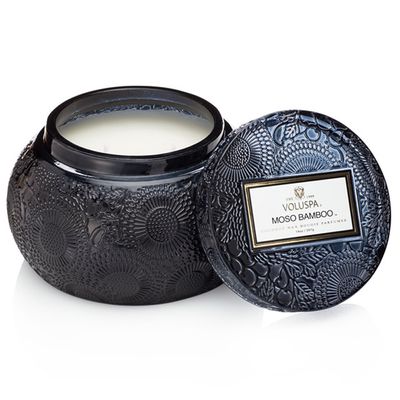 Vela Moso Bamboo Coleção Japonica Pote Chawan Vidro Relevo com Tampa 50 Horas Voluspa