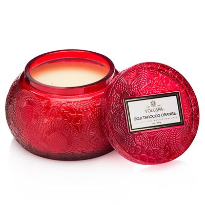 Vela Goji Tarocco Orange Coleção Japonica Pote Chawan Vidro Relevo com Tampa 50 Horas Voluspa