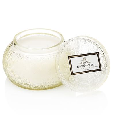 Vela Nissho Soleil Coleção Japonica Pote Chawan Vidro Relevo com Tampa 50 Horas Voluspa