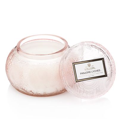 Vela Panjore Lychee Coleção Japonica Pote Chawan Vidro Relevo com Tampa 50 Horas Voluspa