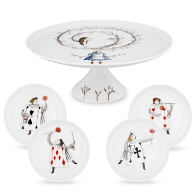 Conjunto Prato de Bolo com Pé e Pratos Tea With Alice 5 Peças Pequeno Vista Alegre Atlantis