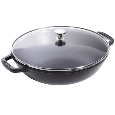 Petit Wok com Tampa de Vidro Ferro Fundido Preto 30 cm Staub