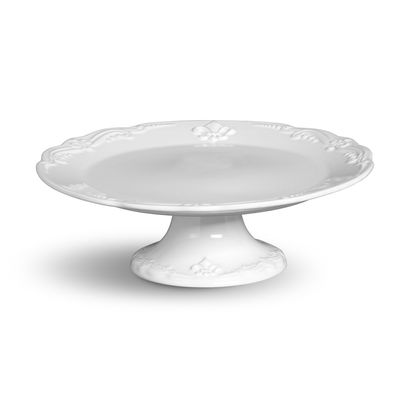 Prato de Bolo com Pé Flor de Lis Etagiere Cerâmica Grande Branco Porto Brasil