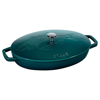 Frigideira Oval com Tampa Gravura Peixe Ferro Fundido 32 cm La Mer Mar Azul Turquesa Staub