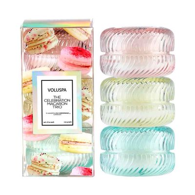 Kit Mini Vela Macaron Collection 3 Velas Formato Macaron Textura 15 Horas Voluspa