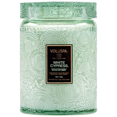 Vela Pote Vidro G 100 Horas Tampa Vidro Relevo White Cypress Voluspa