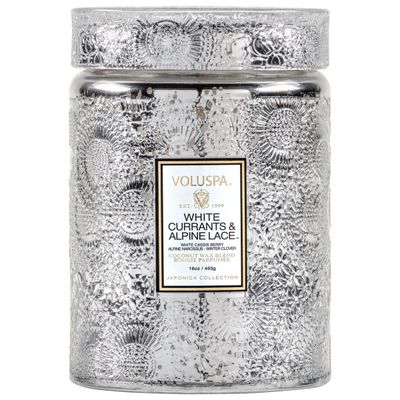 Vela Pote Vidro G 100 Horas Tampa Vidro Relevo White Currants e Alpine Lace Voluspa