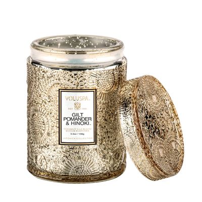 Mini Vela Pote Vidro Relevo Gilt Pomander e Hinoki 50 Horas Voluspa