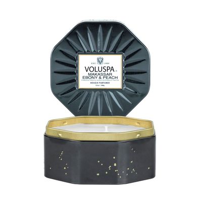 Vela Lata Octogonal 3 Pavios Makassar Ebony e Peach 50 Horas Voluspa