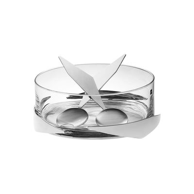 Saladeira Baixa com Par de Talheres Sava Prata Inox Riva