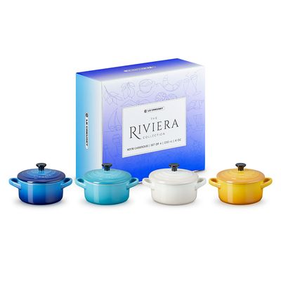Cocottes Mini Riviera Kit 4 Peças Branco Meringue, Amarelo Néctar, Azul Caribe e Azul Azure Blue Le Creuset