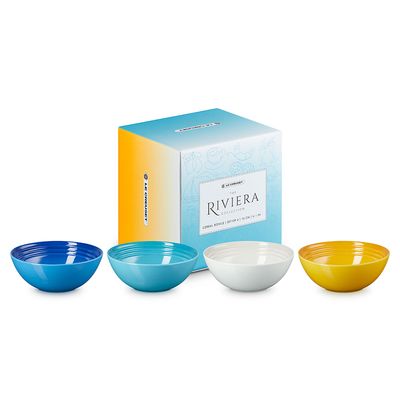 Bowls Riviera Kit 4 Peças 16 cm Branco Meringue, Amarelo Néctar, Azul Caribe e Azul Azure Blue Le Creuset