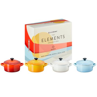 Mini Cocottes Elements Kit 4 peças Vermelho Cayenne, Amarelo Nectar, Branco Meringue e Azul Coastal Blue Le Creuset