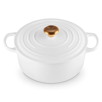 Panela Redonda Signature com Pegador Dourado 22 cm Branco Le Creuset