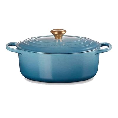 Panela Oval Signature Pegador Dourado 31 cm Azul Chambray Le Creuset